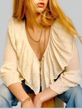 Zara Women's Ruffled Pointelle Blouse Knit Wool Blend Ivory Size Small